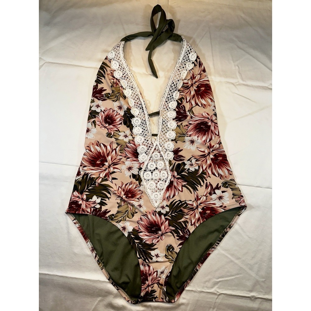 Women's Kona Sol XL Swimsuit Bathing Suit Floral Crochet Trim Plunge One Piece